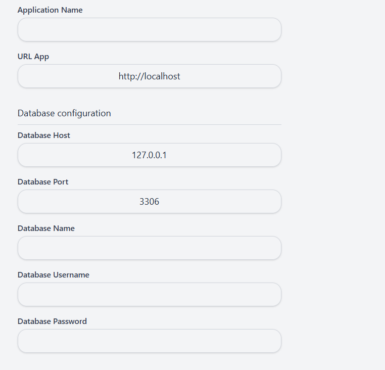 Formulario de configuración de base de datos